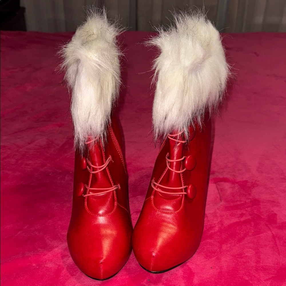 Ellie Red Heeled Boots with White Fur Trim